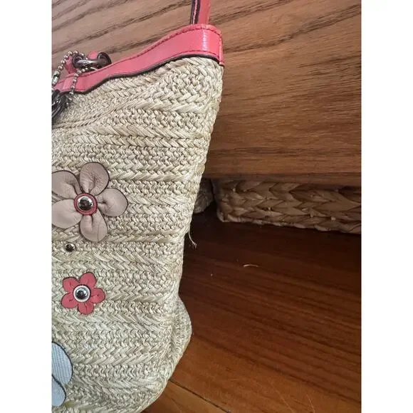 Coach Straw Floral Appliqué Tote – Coral - tea rose - Picture 9 of 11